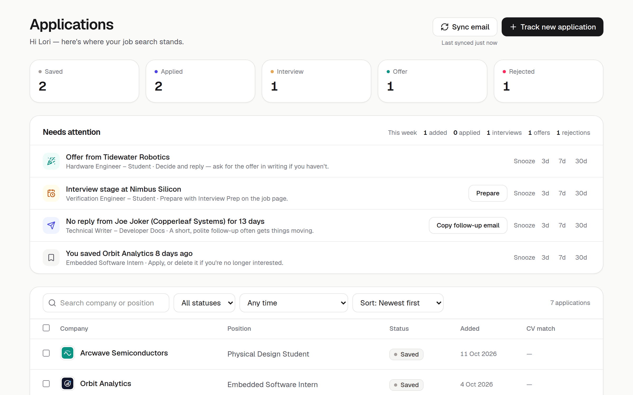 The Silver Spoon dashboard: applications by stage, reminders, and a table of jobs with CV match scores